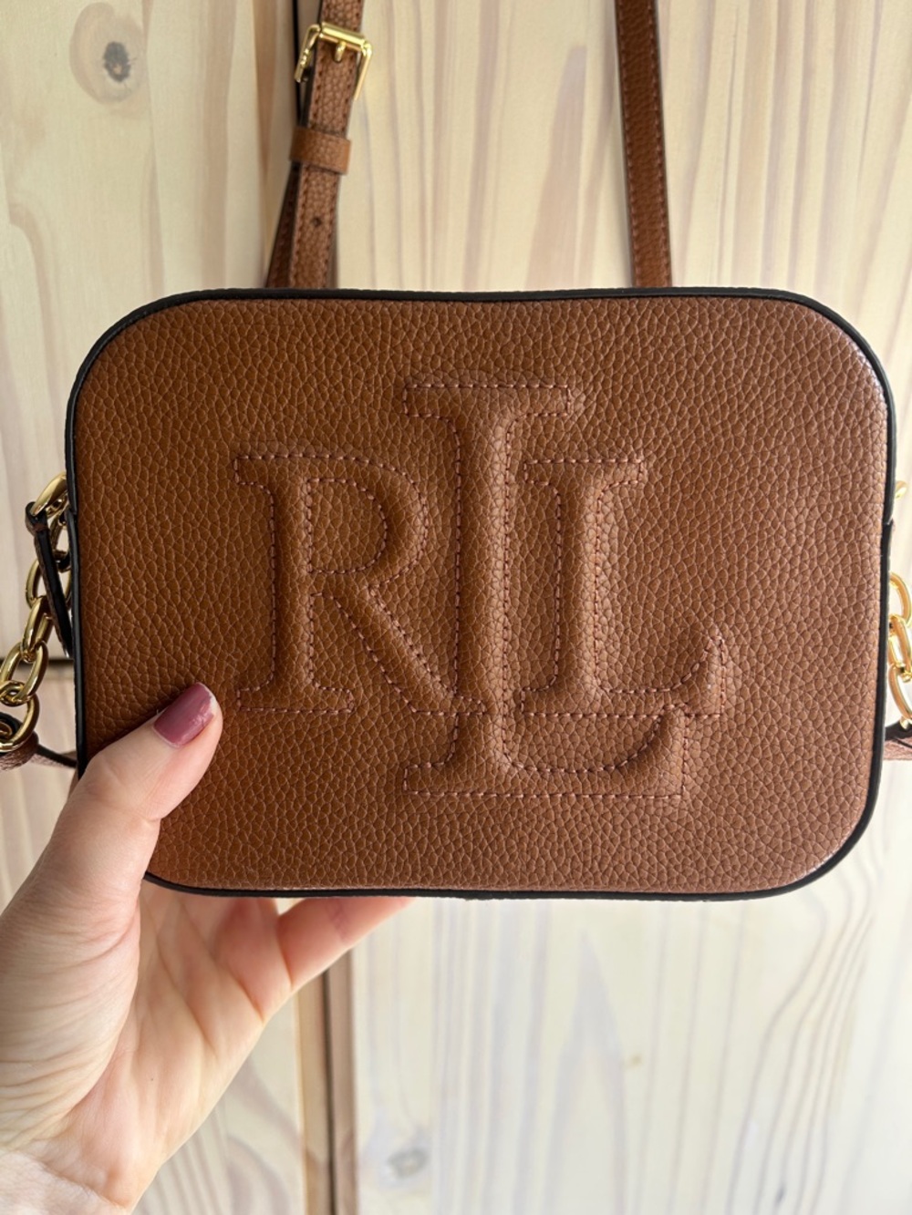 Lauren Ralph Lauren Brown Embossed RL Crossbody Bag - Picture 2 of 6